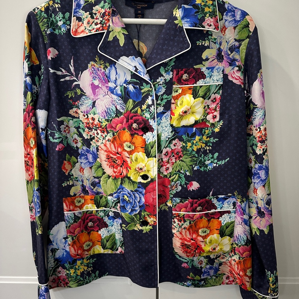 Louis Vuitton Floral Navy Silk Pajama Shirt